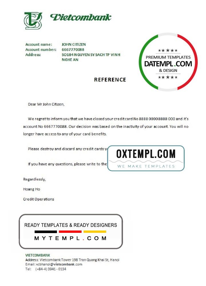 Vietnam Vietcombank bank account closure reference letter example in Word and PDF format