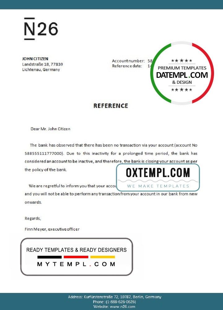 German N26 bank account closure reference letter example in Word and PDF format