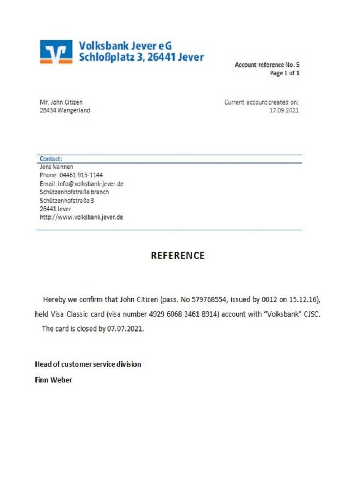 German Volksbank bank account closure reference letter example in Word and PDF format