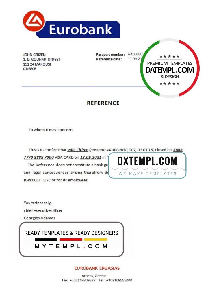 Greek Eurobank bank account closure reference letter example in Word and PDF format