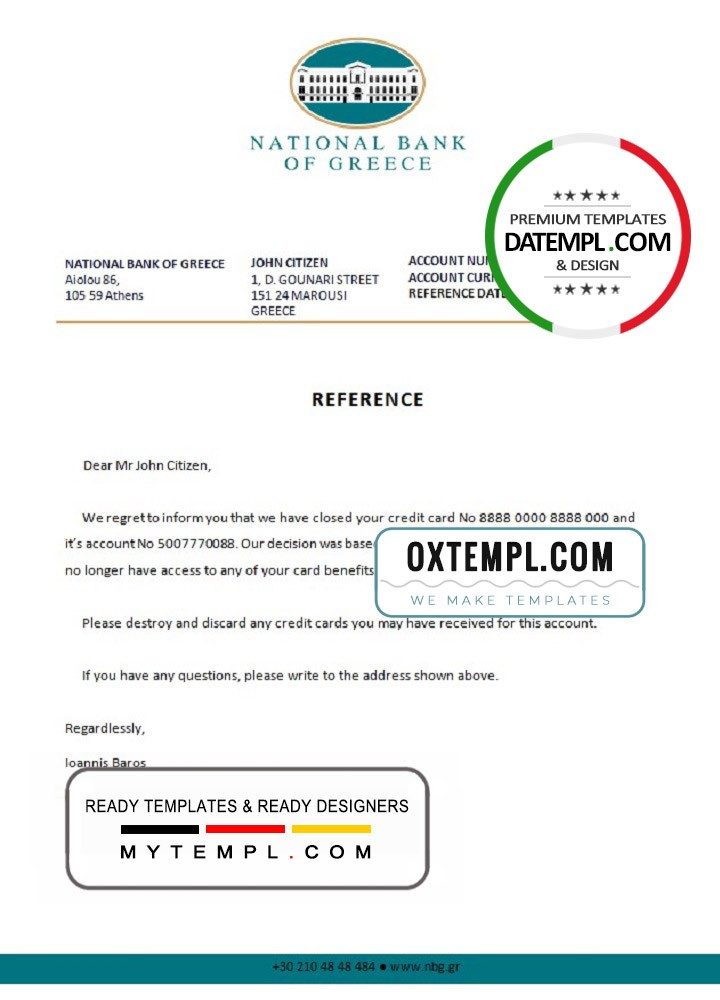 Greek National Bank of Greek bank account closure reference letter example in Word and PDF format
