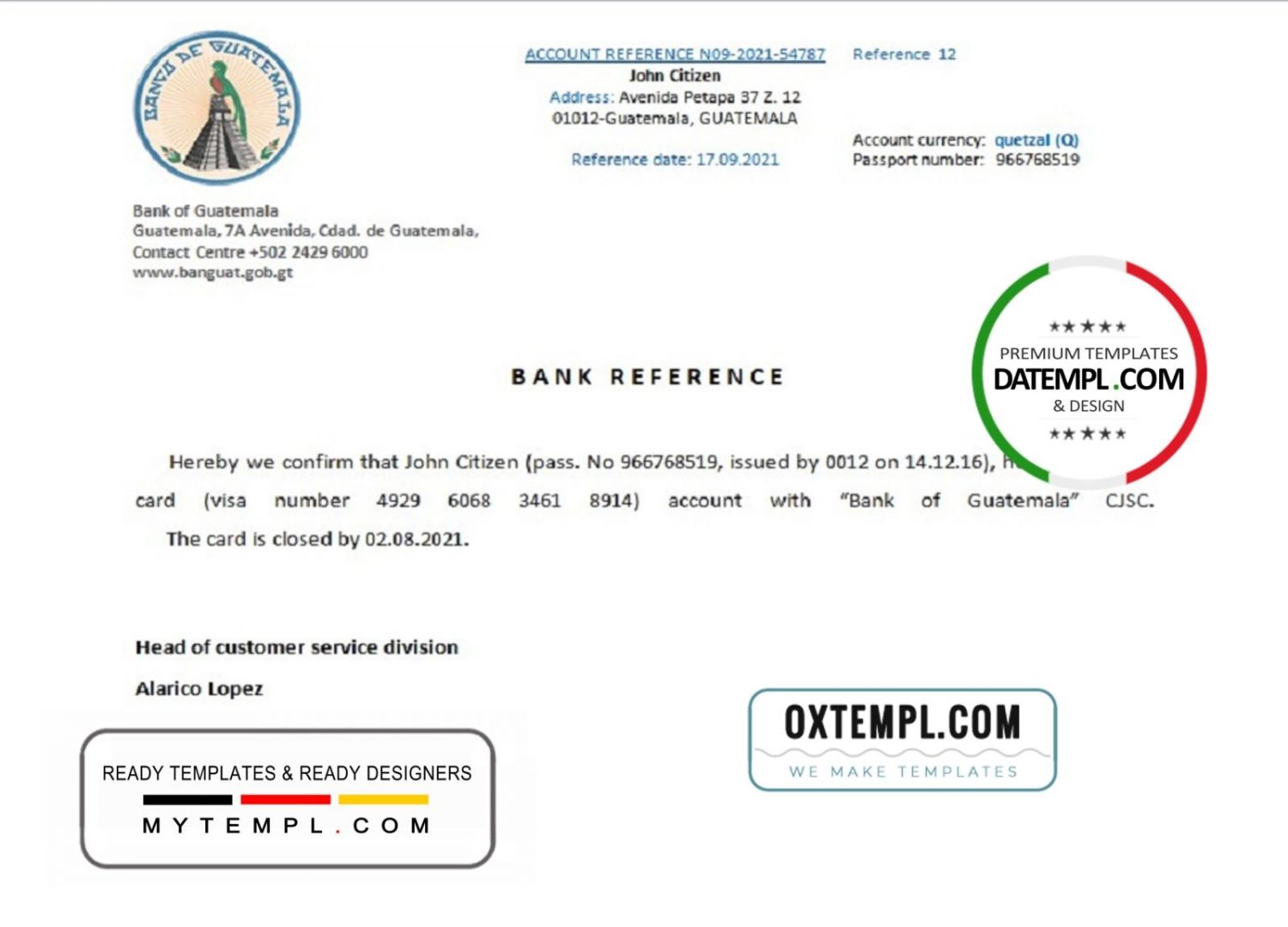 Guatemalan Bank of Guatemalan bank account closure reference letter example in Word and PDF format