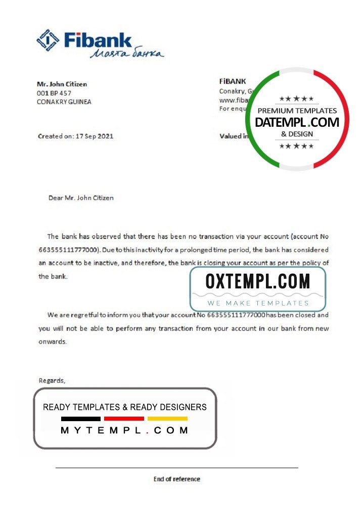 Guinean Fibank bank account closure reference letter example in Word and PDF format
