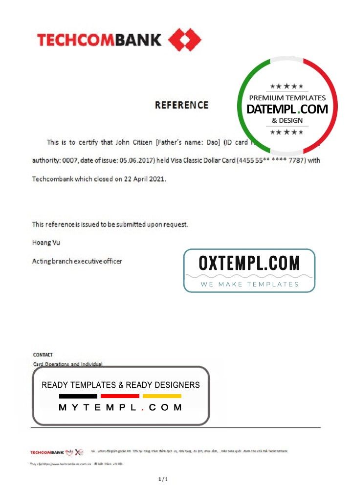 Vietnam Techcombank bank account closure reference letter example in Word and PDF format