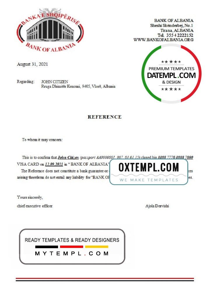 Albanian Bank of Albanian bank account closure reference letter example in Word and PDF format