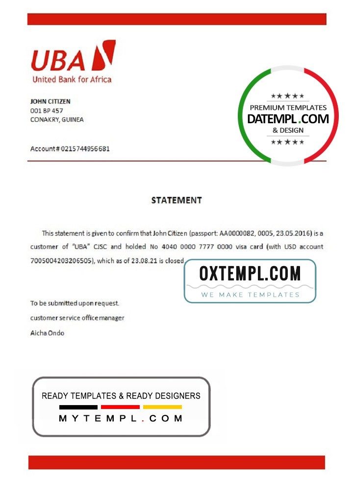 Guinean UBA bank account closure reference letter example in Word and PDF format