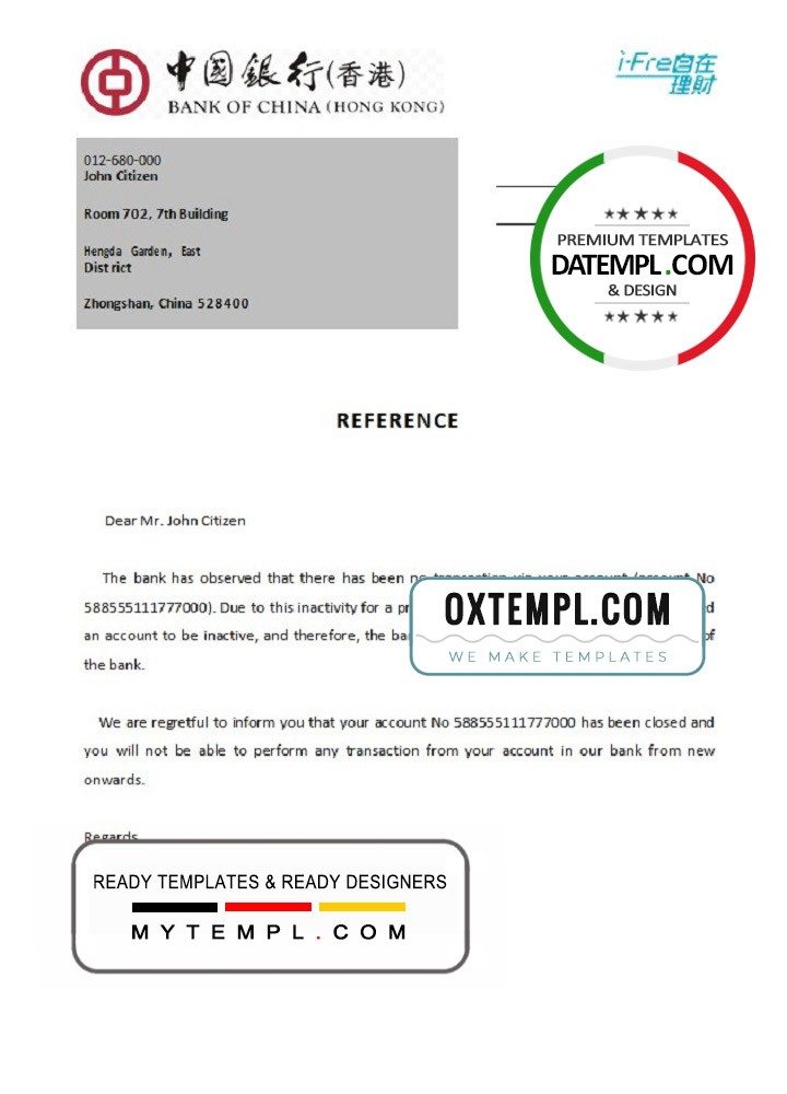 Hong Kong Bank of Chinese bank account closure reference letter example in Word and PDF format