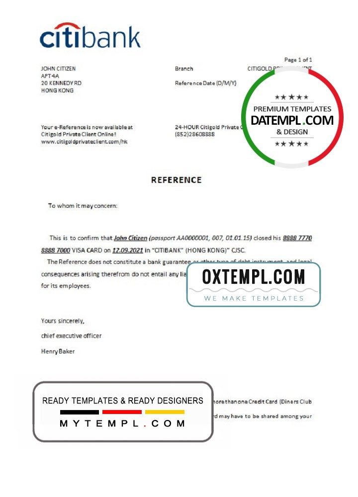 Hong Kong Citibank bank account closure reference letter example in Word and PDF format