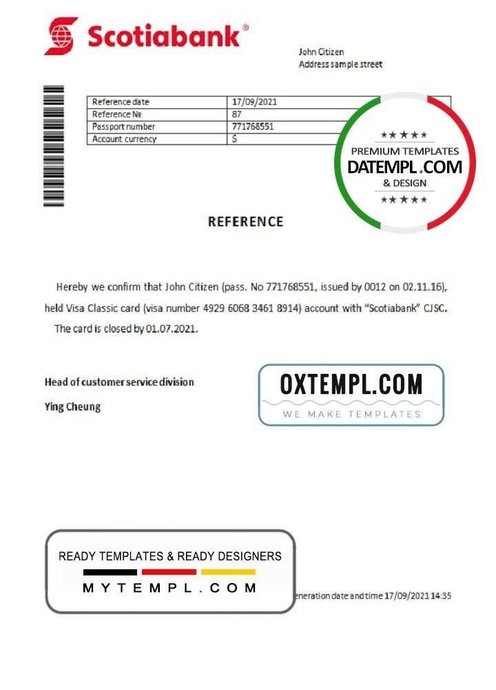 Hong Kong Scotiabank account closure reference letter example in Word and PDF format