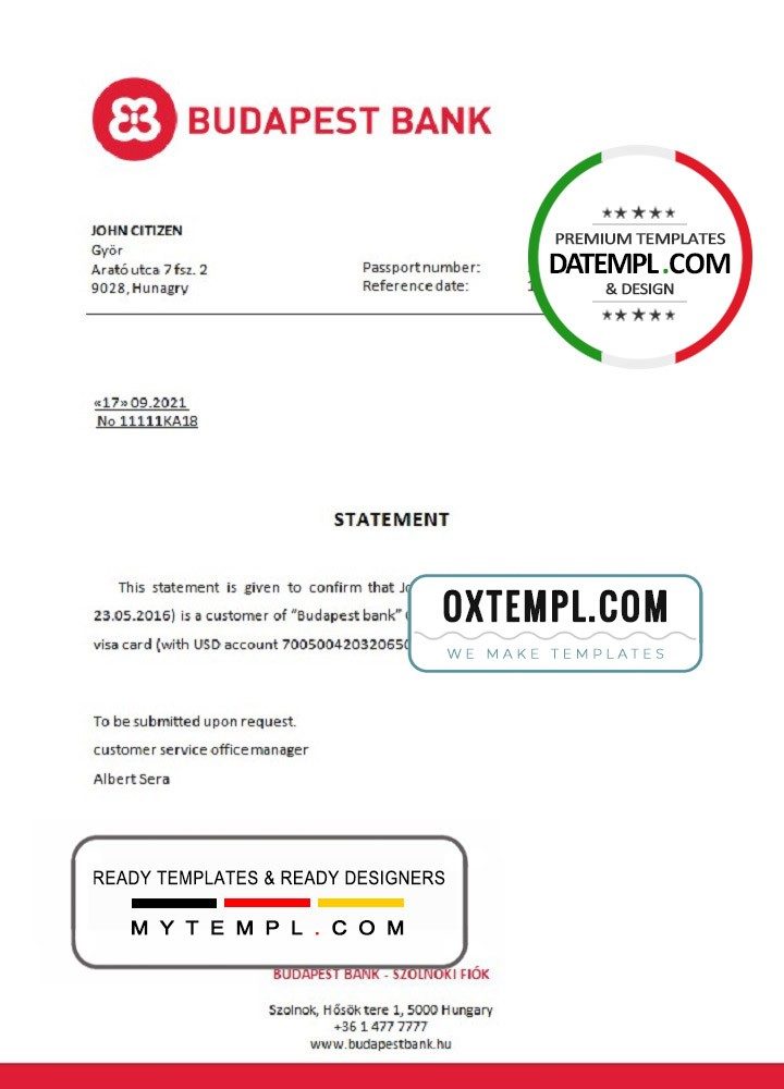 Hungarian Budapest bank account closure reference letter example in Word and PDF format