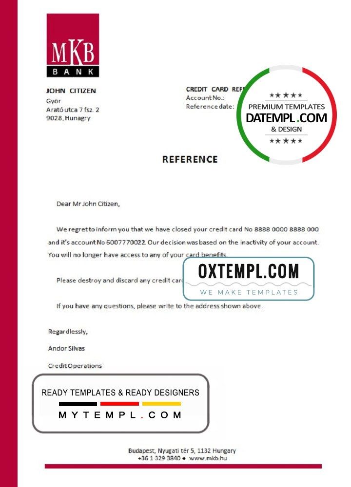 Hungarian MKB bank account closure reference letter example in Word and PDF format