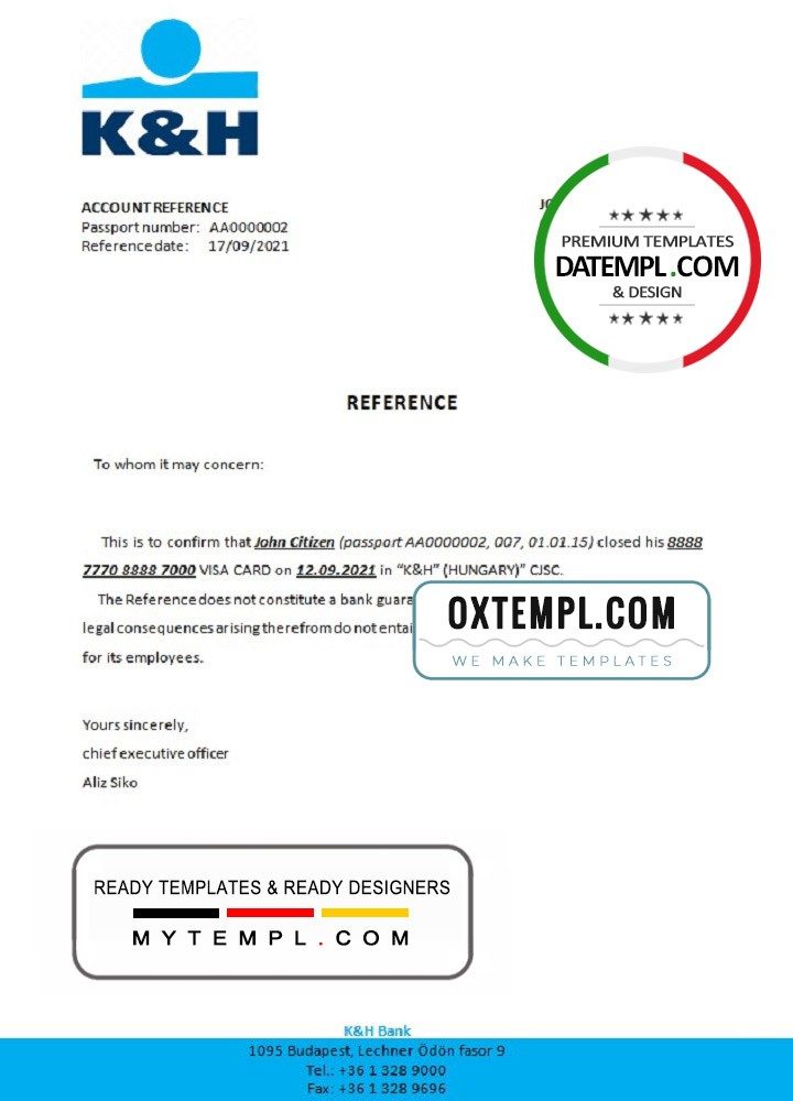 Hungarian K&H bank account closure reference letter example in Word and PDF format