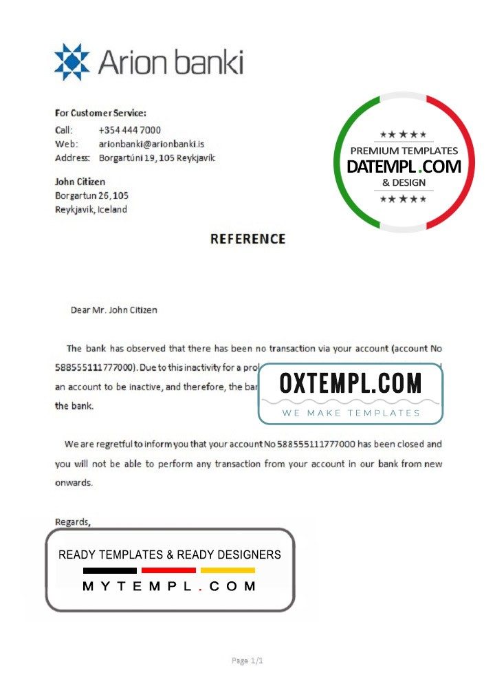 Icelandic Arion bank account closure reference letter example in Word and PDF format