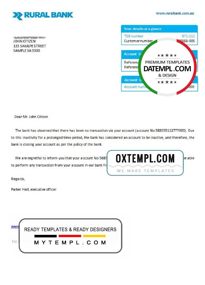Australian Rural bank account closure reference letter example in Word and PDF format