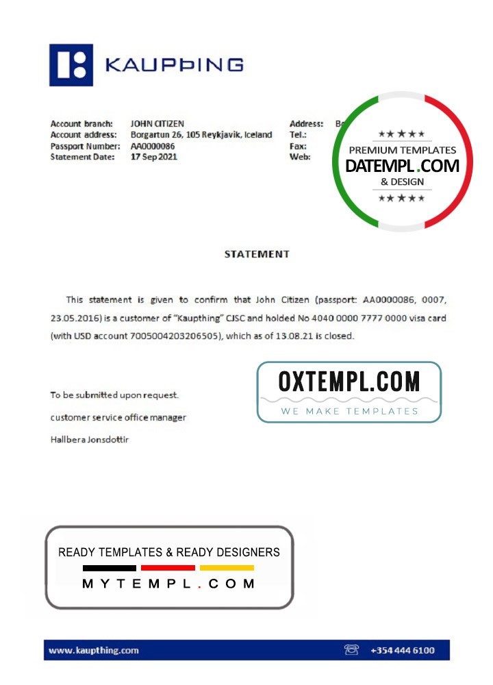 Icelandic Kaupthing bank account closure reference letter example in Word and PDF format
