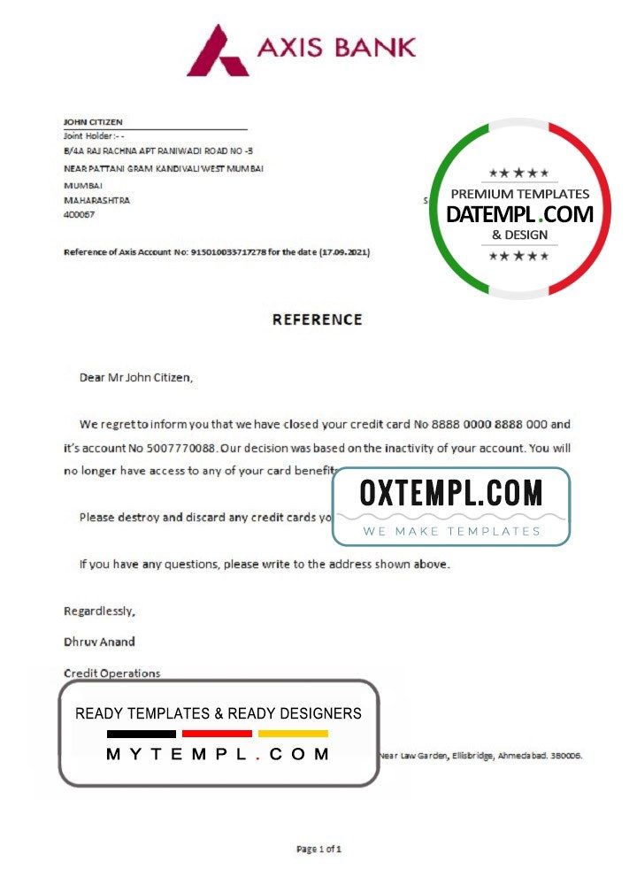 Indian Axis bank account closure reference letter example in Word and PDF format