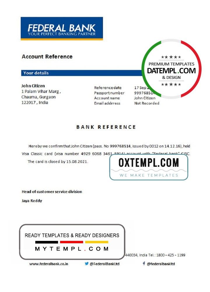Indian Federal bank account closure reference letter example in Word and PDF format