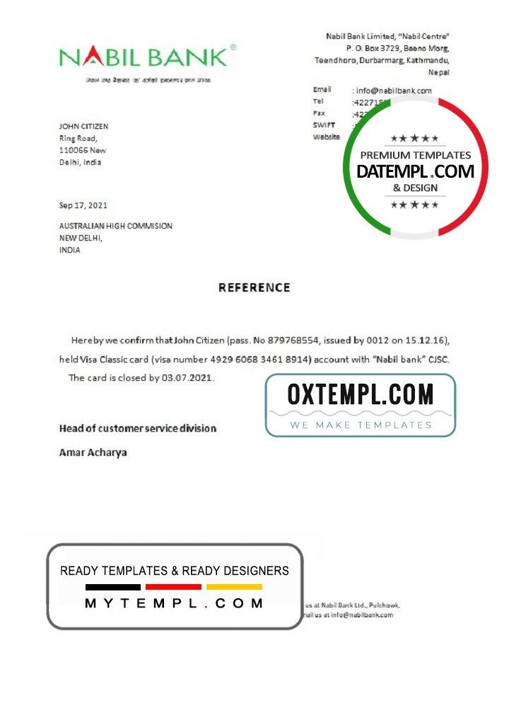 Indian Nabil bank account closure reference letter example in Word and PDF format