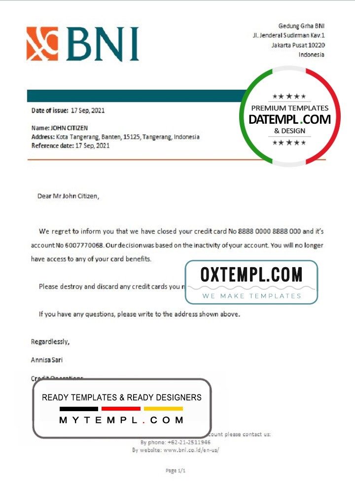 Indonesian Negara bank account closure reference letter example in Word and PDF format