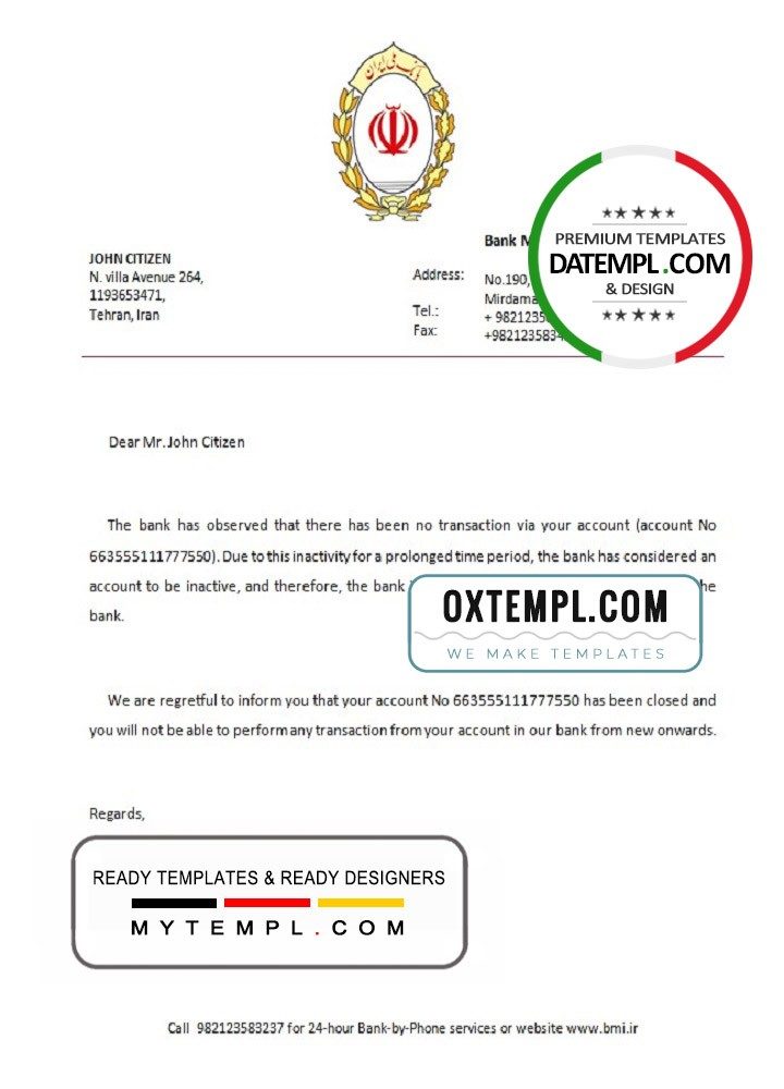 Persian Melli bank account closure reference letter example in Word and PDF format
