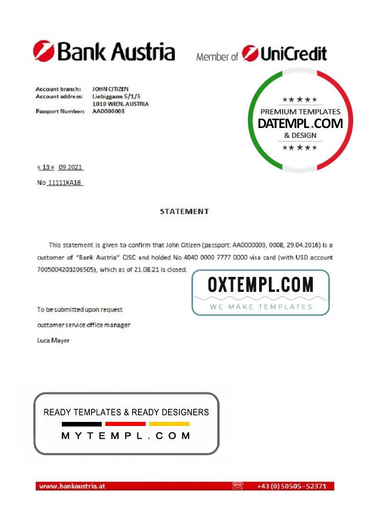Austrian Bank Austrian bank account closure reference letter example in Word and PDF format