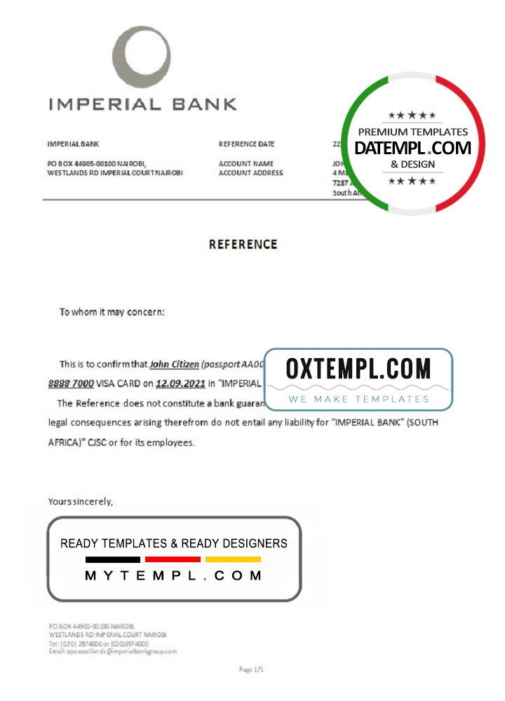South African Imperial Bank bank account closure reference letter example in Word and PDF format