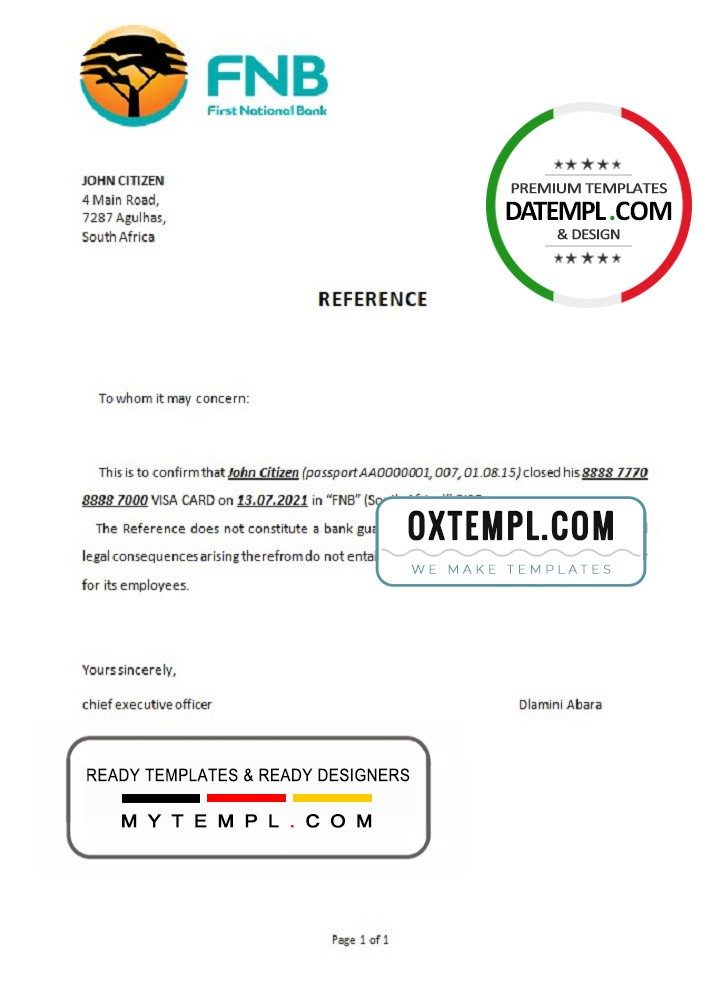 South African FNB bank account closure reference letter example in Word and PDF format