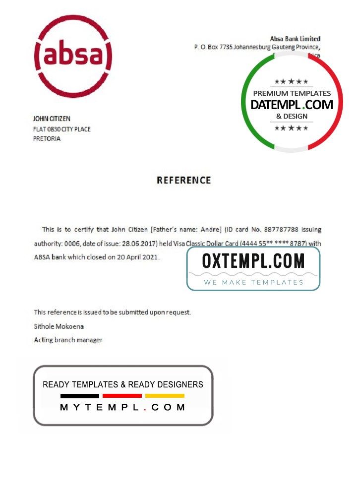 South African ABSA bank account closure reference letter example in Word and PDF format