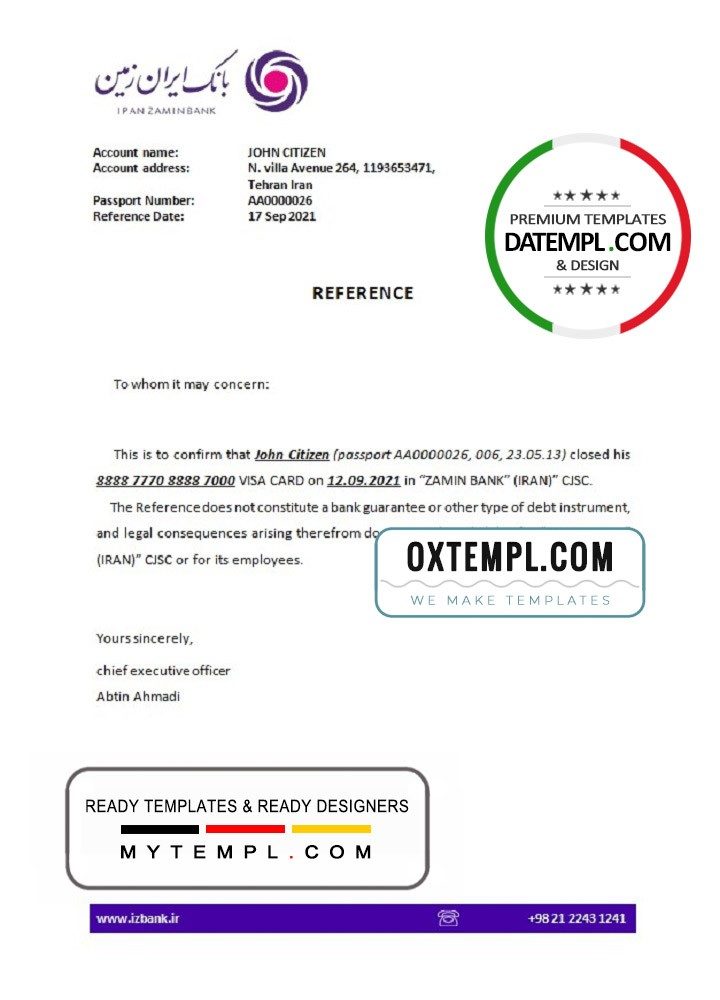Persian Zamin bank account closure reference letter example in Word and PDF format