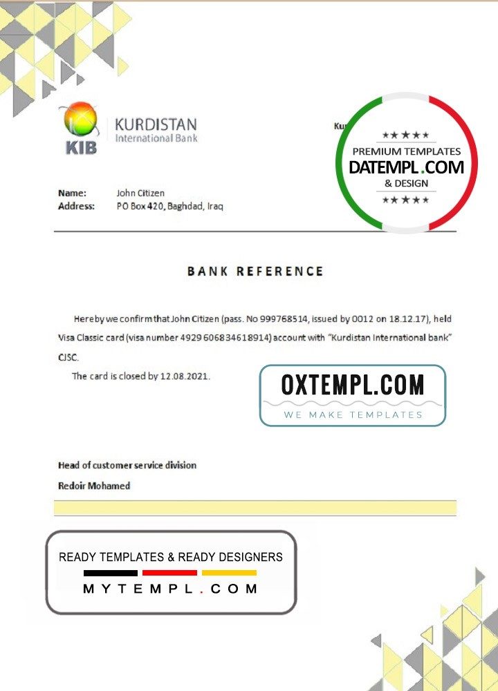 Iraqi Kurdistan International bank account closure reference letter example in Word and PDF format