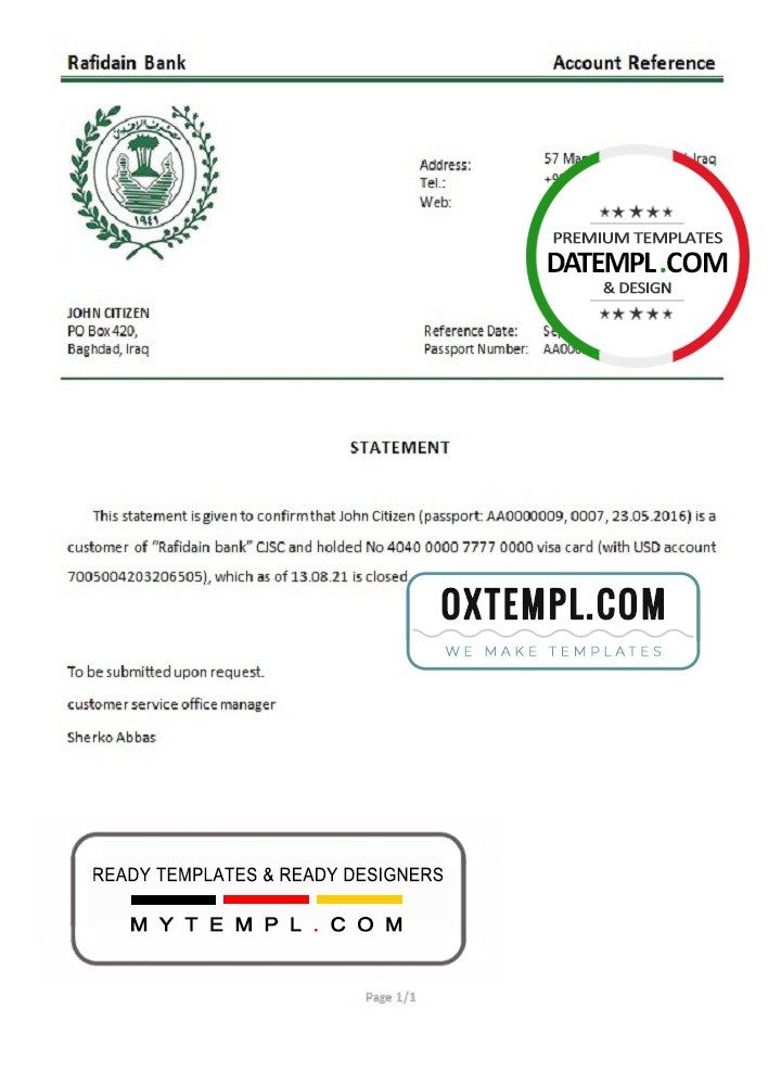 Iraqi Rafidain bank account closure reference letter example in Word and PDF format