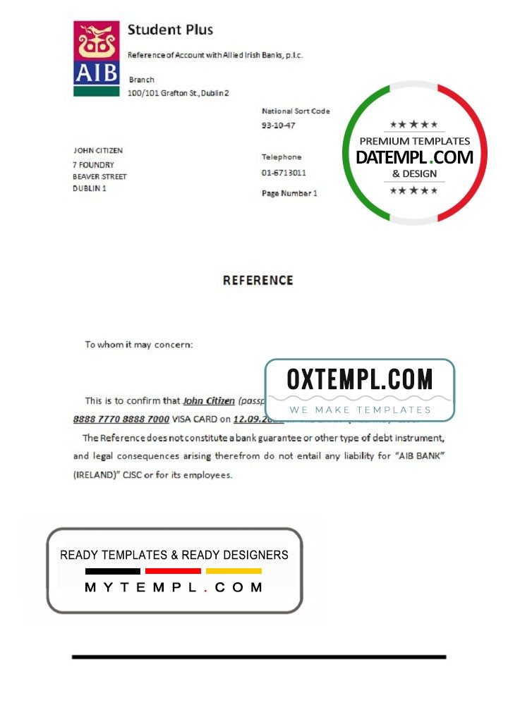 Irish AIB bank account closure reference letter example in Word and PDF format