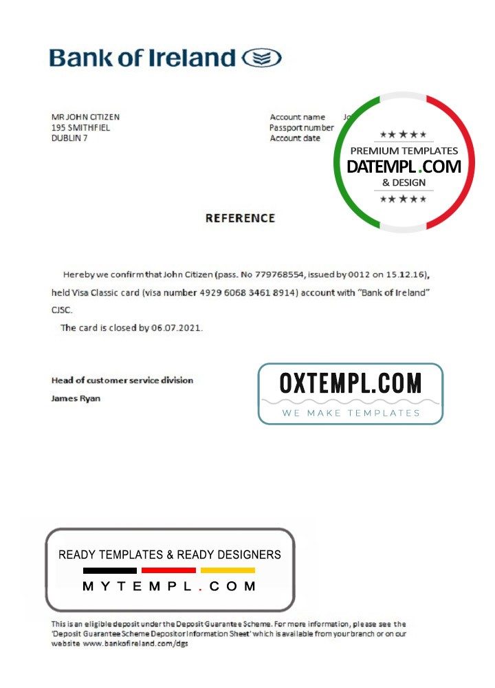 Irish Bank of Irish account closure reference letter example in Word and PDF format
