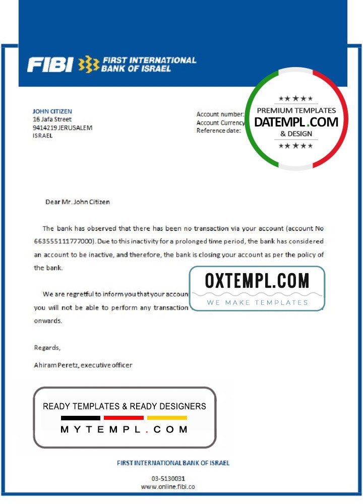 Israeli First International Bank of Israeli bank account closure reference letter example in Word and PDF format