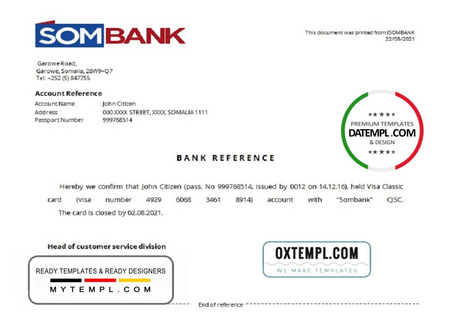 Somali Sombank bank account closure reference letter example in Word and PDF format