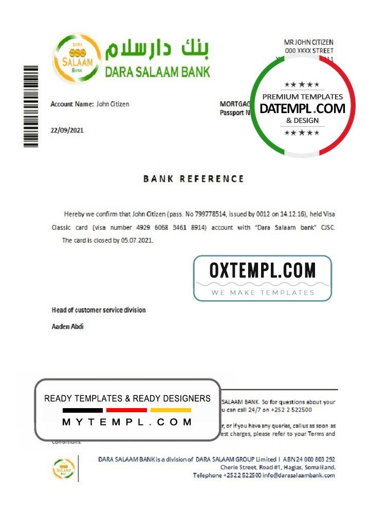 Somali Dara Salaam Bank bank account closure reference letter example in Word and PDF format