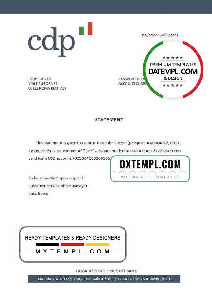 Italian CDP bank account closure reference letter example in Word and PDF format