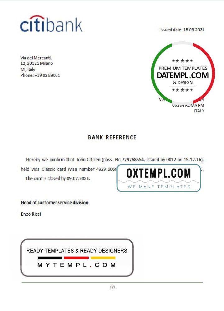 Italian Citibank bank account closure reference letter example in Word and PDF format