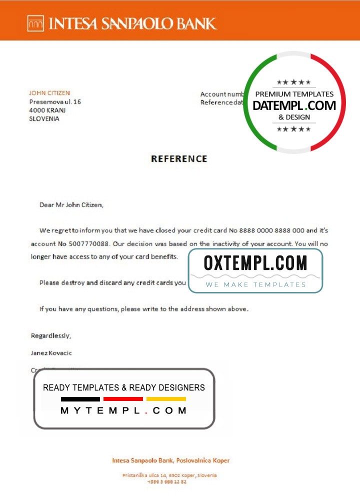 Slovenian Intesa Sanpaolo bank account closure reference letter example in Word and PDF format