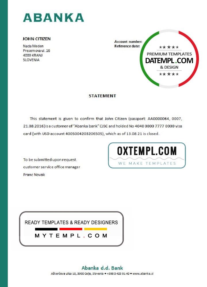 Slovenian Abanka bank account closure reference letter example in Word and PDF format