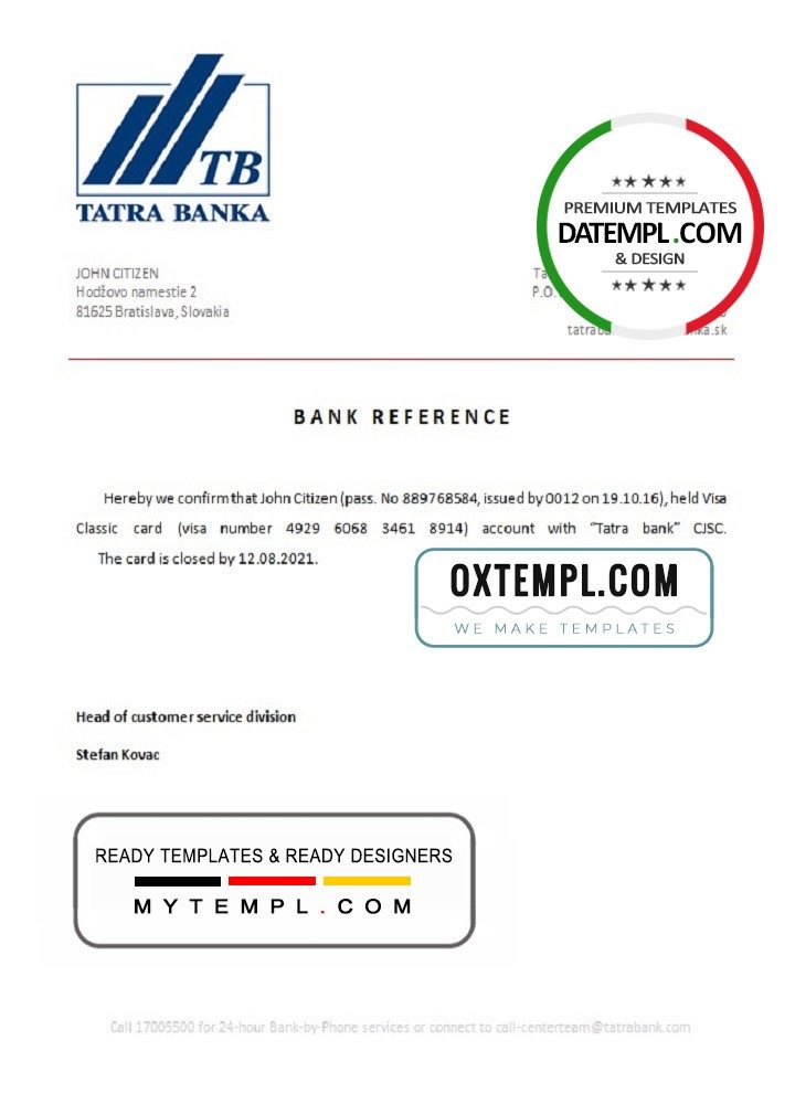 Slovak Tatra Banka bank account closure reference letter example in Word and PDF format