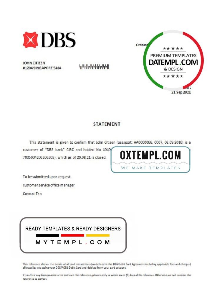 Singapore DBS bank account closure reference letter example in Word and PDF format