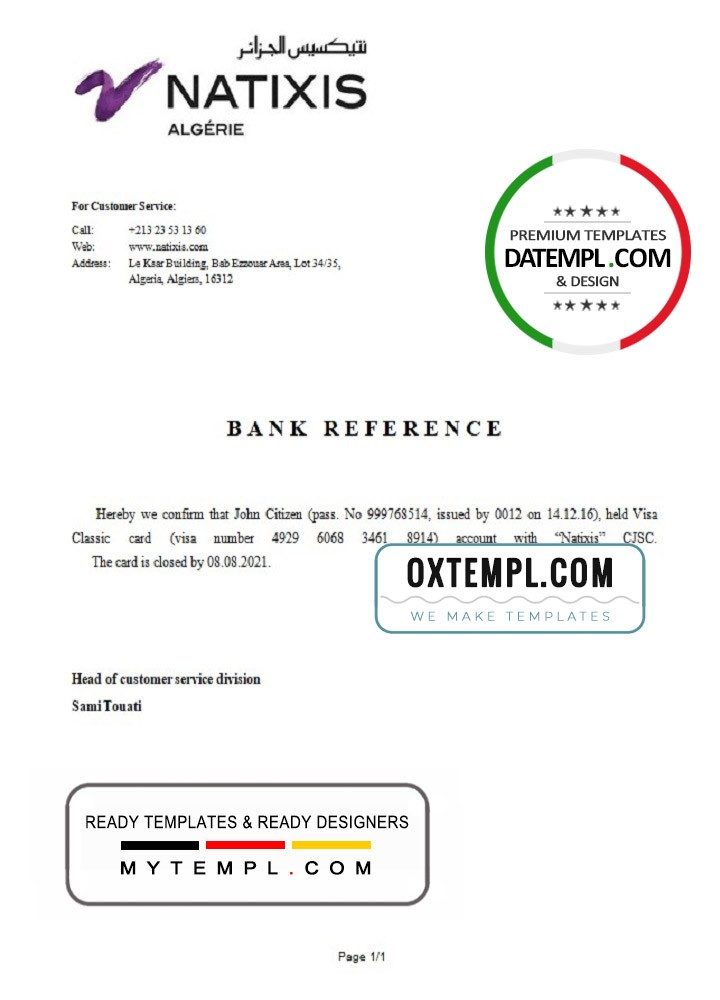 Algerian Natixis Algerie bank account closure reference letter example in Word and PDF format