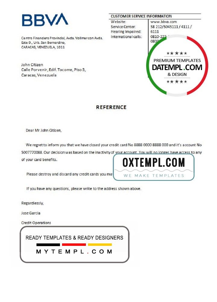 Venezuela BBVA bank account closure reference letter example in Word and PDF format