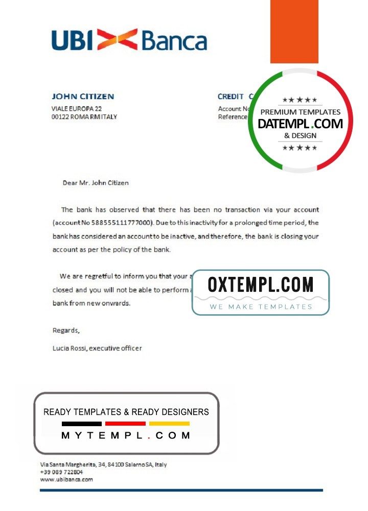 Italian UBI bank account closure reference letter example in Word and PDF format