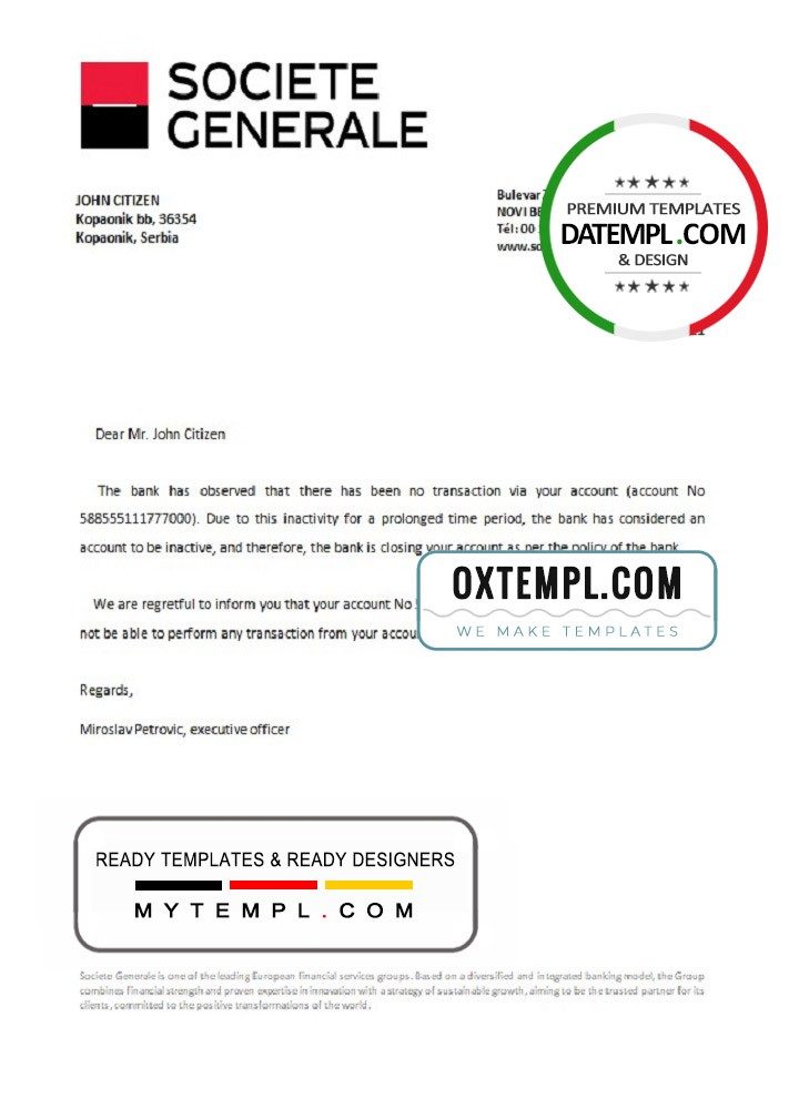 Serbian Societe Generale bank account closure reference letter example in Word and PDF format