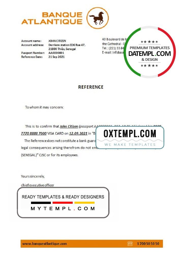 Senegalese Banque Atlantique bank account closure reference letter example in Word and PDF format
