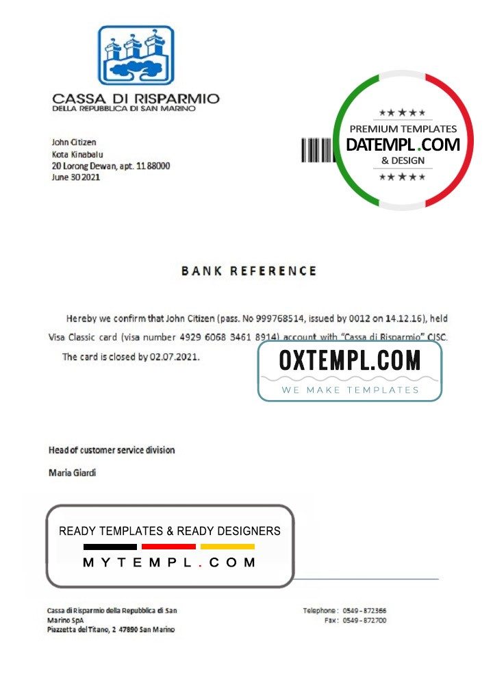 San Marino Cassa di Risparmio bank account closure reference letter example in Word and PDF format