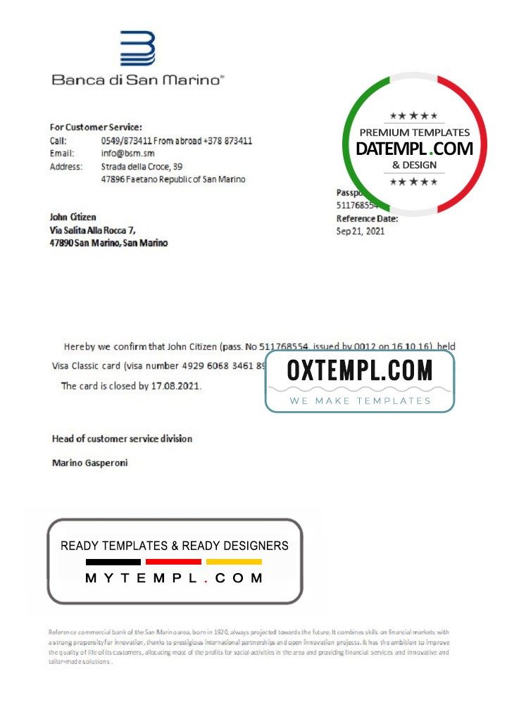 San Marino Banca di San Marino bank account closure reference letter example in Word and PDF format