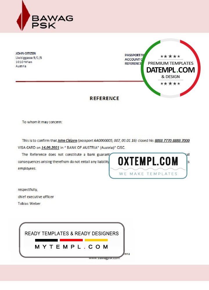 Austrian BAWAG PSK bank account closure reference letter example in Word and PDF format